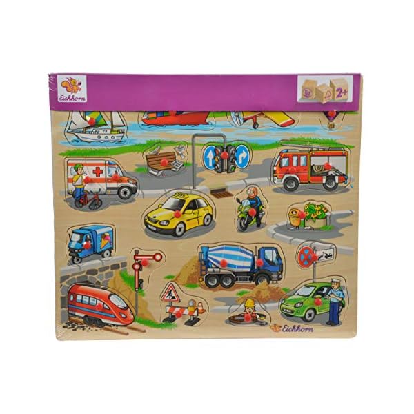 Eichhorn 100005454 - Plug-In-Puzzle 40x35cm mit 21-23 Plug-In-Teilen, Motive: Safari, Bauernhof, Verkehr, Lieferumfang 1 Stück, FSC 100% zertifiziertes Linden-Sperrholz, Sortierte Modelle – Bild 6