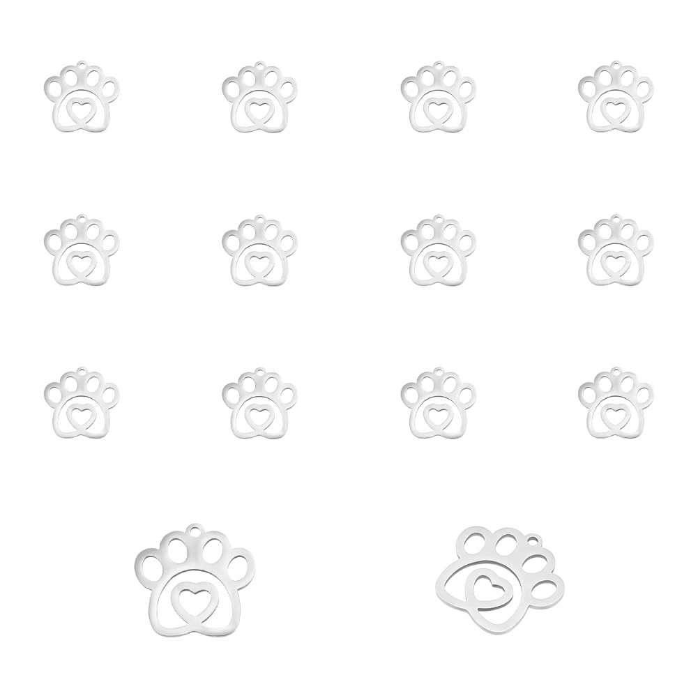 UNICRAFTALE about 14Pcs Animal Cat Dog Paw Charms Flat Stainless Steel Paw Prints Charms with Heart Hollow Footprint Charm Metal Puppy Prints Charms for Valentine Gifts Jewelry Making