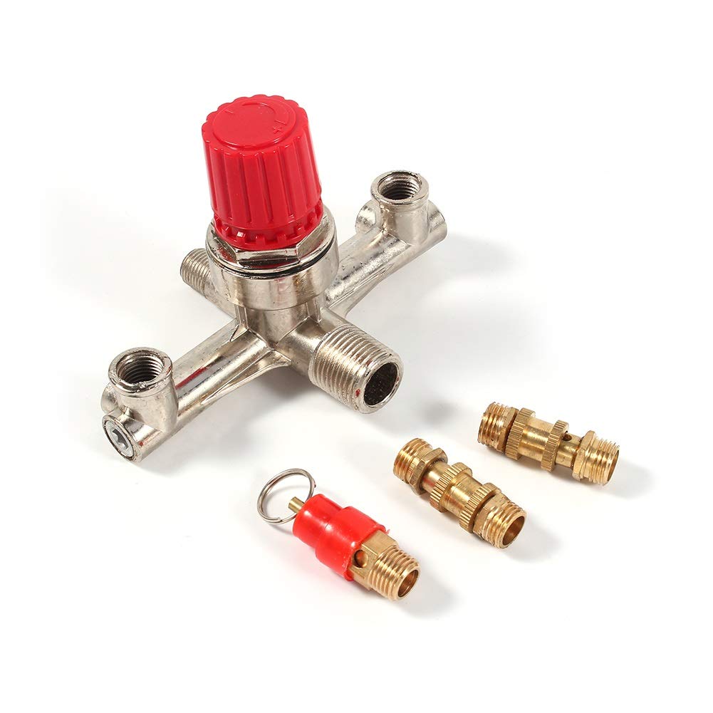 Nikou Regulator Valve, Double Outlet Tube Zinc Alloy Air Compressor Fittings Red Cap Regulator Pressure Valve Switch Compressor Double Manifold Part Accessories