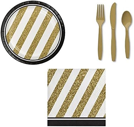 Black and Gold Tableware Kit for 16 Guests (16 Beverage Napkins, 16 Dessert Plates, 1 Set of Gold Cutlery)