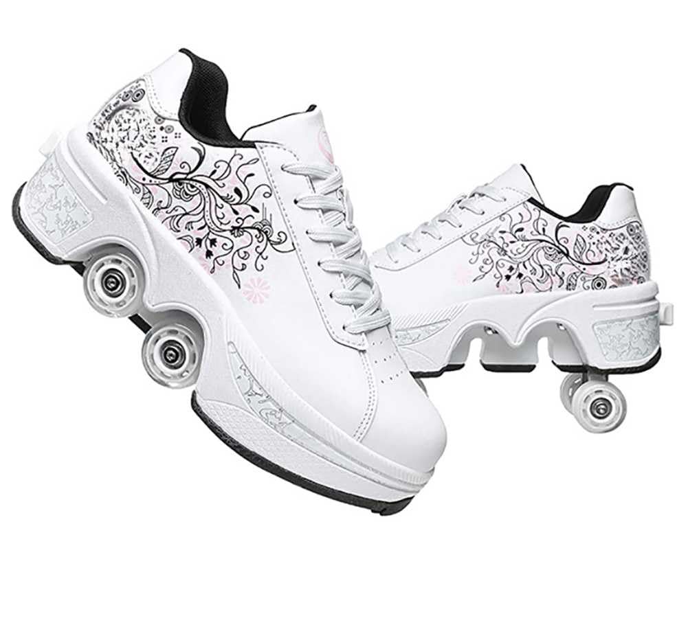 Roller Shoes, Shoes with Wheels Roller Skates Girls Men, Skateboard Shoes Comfortable and Breathable Quad Skates Adjustable Roller Skates Hidden Wheel Trainers with Wheels, White pink, 8 UK