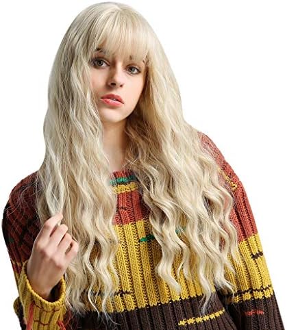 Kashyk Fringe Wave Long Blonde Synthenic Wig With Light Bangs, Womens Ladies Natural Looking Thin Bangs Hair Full Wigs Heat Resistant Wavy Curly Wig For Teen Girls Daily Party Cosplay