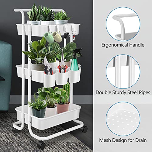 AZMALL 3 TIER UTILITY ROLLING ORGANIZER – STORAGE MAKEUP BABY TRAY CART WITH TROLLEY HANDLES FOR OFFICE BATHROOM BEDROOM (WHITE)