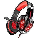BENGOO Stereo Gaming Headset for PS4, PC, Xbox One Controller, Noise Cancelling Over Ear Headphones Mic, LED Light, Bass Surround, Soft Memory Earmuffs for Laptop Mac Nintendo Switch Games -Red