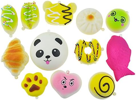 Fancygoo12pcs Random Squishy Charms Soft Squishy Cake/Panda/Bread Phone Key Chain Strap with Belt