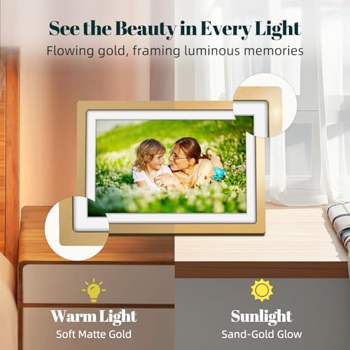 Frameo Digital Picture Frame WiFi Sunset Gold Frame 10.1 Inch Picture Frame with 1280x800 HD IPS Touchscreen, Built-in 32GB, Send Photo Video via Frameo App/USB/SD, Gifts for Women Men