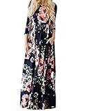 Murimia Women's Floral Print 3/4 Sleeve Empire Flower Maxi Casual Dress Pocketed