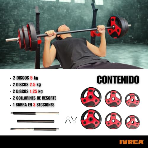 IVREA Set de Barra de Pesas 20 kg de peso ajustable. Barra de tubo de acero de 1” acolchada de 140 cm. Ideal para Principiantes, Intermedios y Ejercicio en Casa