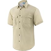 Men's Short Sleeve Fishing Shirts, Quick Dry UPF 50+ Sun Protection Shirts for Hiking, Camping, Beach (Khaki, Lake Blue)