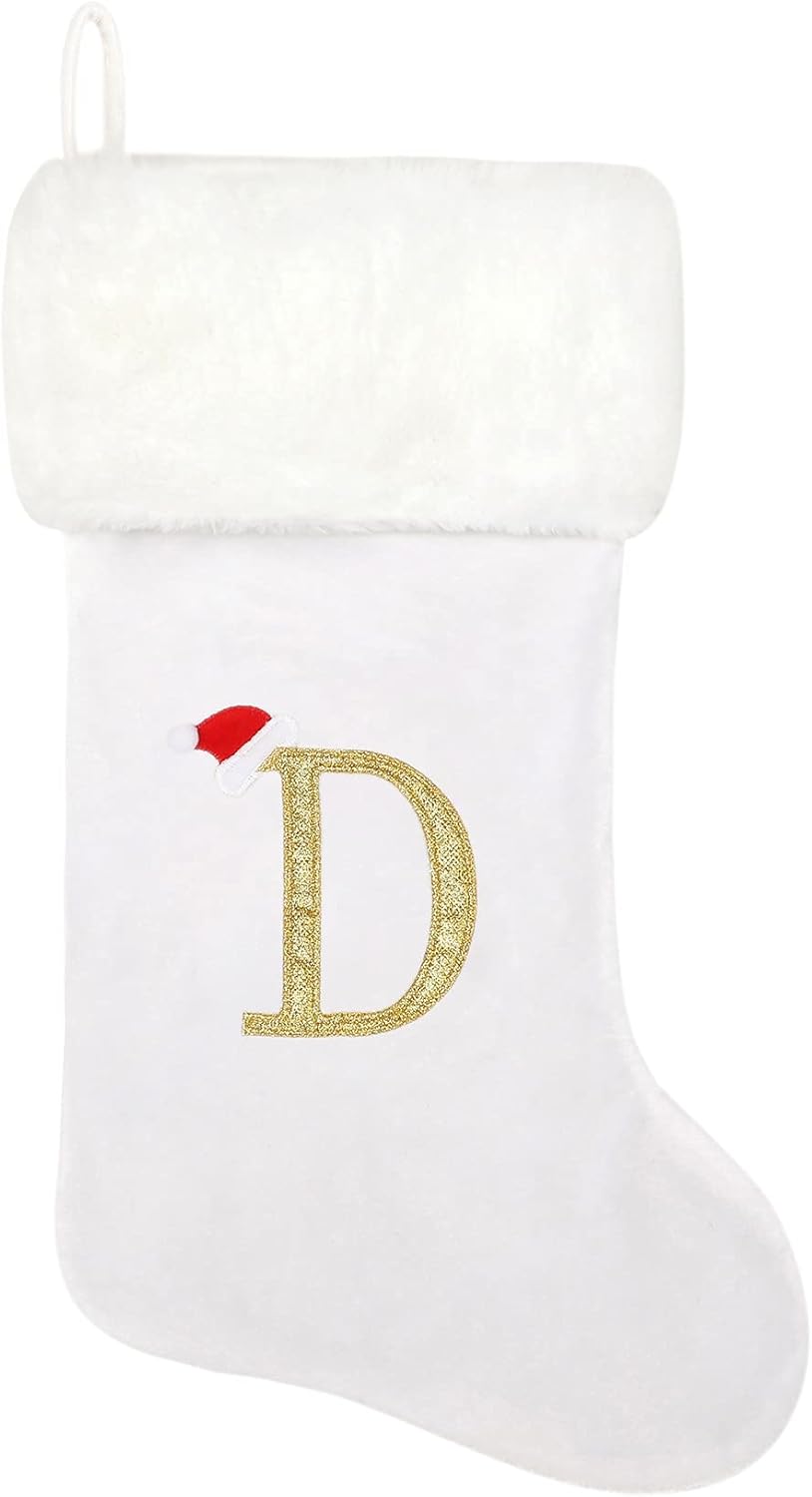 Stockings & Holders - Tokforty 20 Inches White Velvet with White Super Soft Plush Cuff Monogram Christmas Stockings, Xmas Personalized Embroidered Letter Stockings for Family Holiday Decorations and Xmas Tree Fireplace（D）