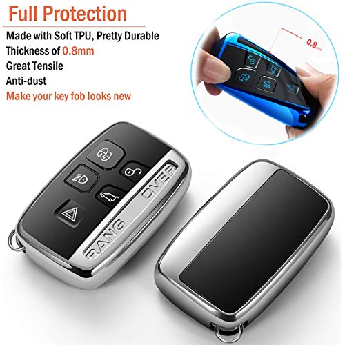 Intermerge Key Fob Cover for Range Rover Evoque Velar Sport Discovery Freelander2 LR4 Land Rover Sport and Jaguar XF XJ XE F-PACE F-Type 5-Buttons,Premium Soft TPU Protective Key Fob Case, Silver