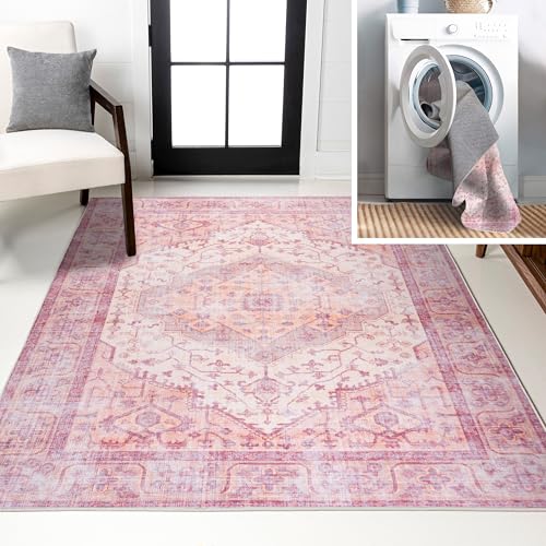 JONATHAN Y Machine Washable Indoor Area Rug 5X8 Red/Orange/Cream, Alacati Ogee…
