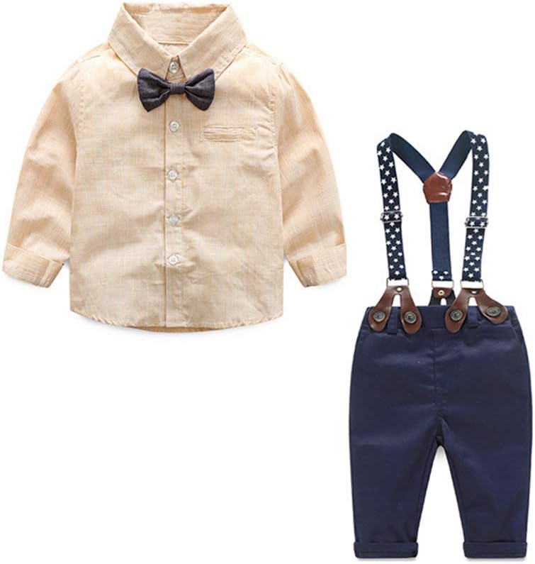 Amberetech Baby Boys Suspender Shorts Set Denim Overalls Outfit Cotton Long Sleeve Blue Stripe Shirt Two-Piece Suits