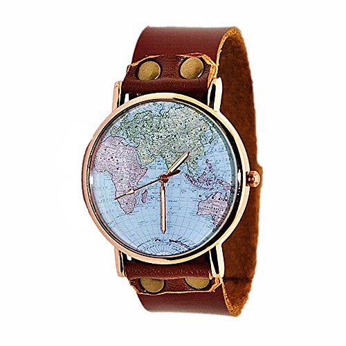 MINILUJIA Women Watches World Map Watch 34mm Gold Plated Dial Genuine Leather Strap Brown