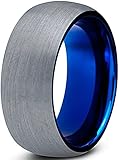 Tungsten Wedding Band Ring 8mm for Men Women Comfort Fit Blue Round Domed Brushed