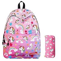 Quero Jom91 Unicorn Backpack for Girls, School Backpack with Unicorn Pencil Case Lightweight Travel School Kids Bookbags(H04)