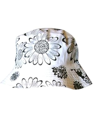 Ladies White Cotton Reversible Floral Summer Sun Hat (57cm, White & Black)