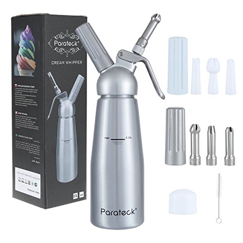 Parateck Whipped Cream Dispenser 1 Pint Cream Whipper 6 Decoration Nozzles 2 Cream Charger Holders Whipping Canister Use Standard 8 Gram N2O Cartridges (Not Include) - Thumbnail 5