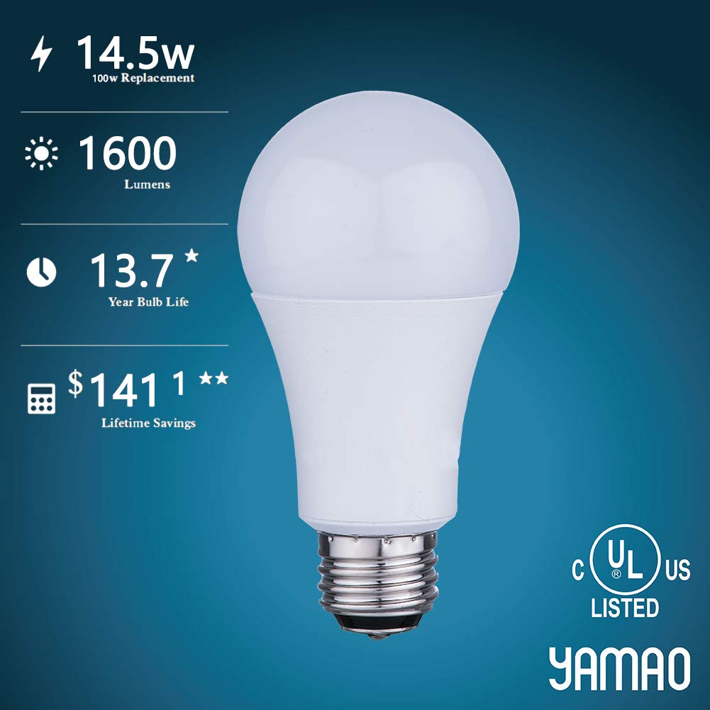 YAMAO A19 LED Light Bulbs, 100W Equivalent Non-dimmable 5000K Daylight, 1600LM, CRI+80, UL-Listed (4 Pack)
