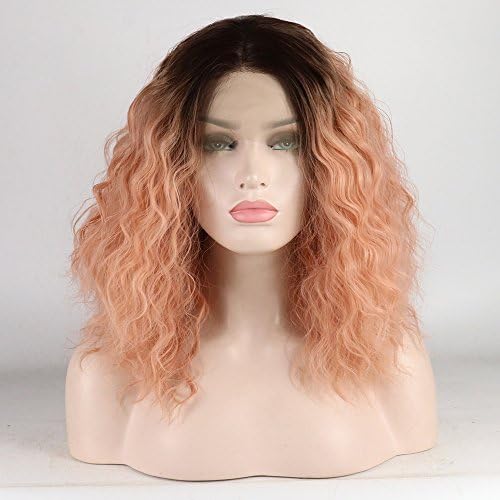 Ombre Pink 2 Tones Short Bob Wave Lace Front Wigs Dark Roots Glueless Synthetic hair Wig for Women Heat Resistant Middle Parting 14 inches