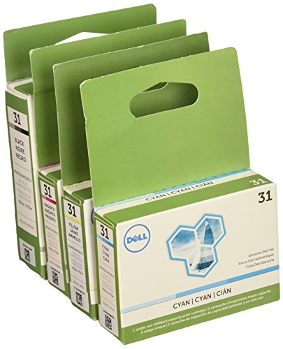Genuine Dell Series 31 Ink Cartridges (1 Black MYVXX/V28CF, 1 Cyan PYX1V/8C4HK, 1 Magenta FPWWW/WK32Y, 1 Yellow 3MH11/4W8HJ)