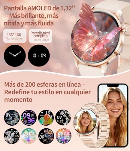 Reloj Inteligente Mujer, 1.32" AMOLED Smart Watch con Llamadas Bluetooth, 120+ Deportes Smartwatch Mujer con 2 Correas, IP68 Waterproof, Sueño, Actividad Calorías Podómetro Android iOS (Oro rosa)