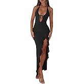 Women Sexy Halter V Neck Maxi Dress Mesh Ruffle Hem Bodycon Backless High Slit Cocktail Party Wedding Guest Dresses