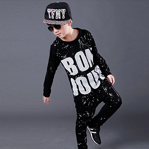 DREAMOWL Girls Boys Sequin Hip Hop Dance Costumes Ballroom Modern Jazz Clothing Top Pants (Black, 10-12)