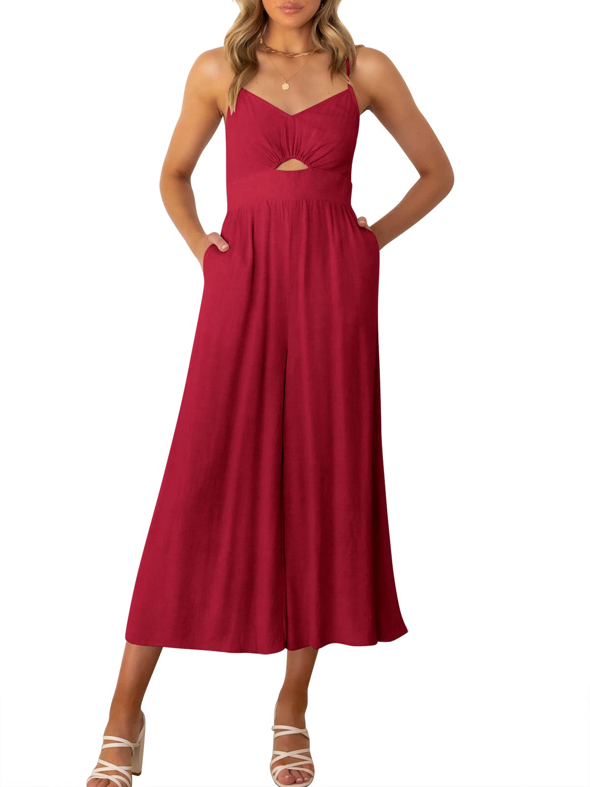 Photo 1 of ANRABESS Womens Jumpsuit Summer Beach Vacation Romper 2025 V Neck Sleevelsee Spaghetti Strap Cutout Linen Wide Leg Clothes red Small