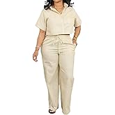 XYZDRESSOR Women's 2 Piece Outfits Sets Short Sleeve Button Down Crop Top Drawstring Wide Leg Long Pant Suit Work Sets