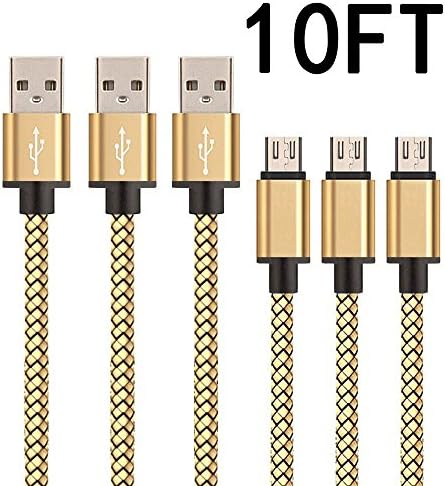 Micro USB Android Charger Cable,Marktol 3Pack-10ft Nylon Braided High Speed 2.0 USB Charging Cord Fast Charger Cable for Samsung,Sony,Motorola,Nokia,HTC,LG,Nexus(Gold)