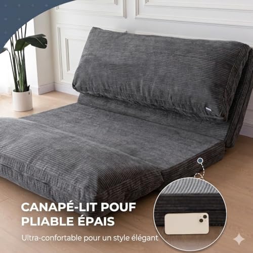 MAXYOYO Folding Bean Bag Chair with Foam Padding, Extra Thick 4 Layers, Mattress/Floor Sofa for Adults, Removable and Machine Washable Cover, Charcoal, 135 x 240 cm