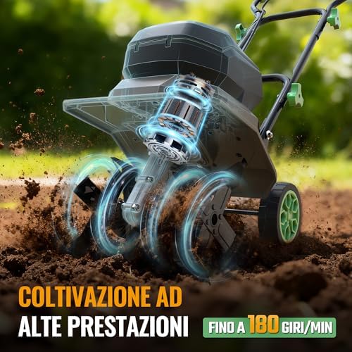 X Motozappa Elettrica Senza Fili 40V, Lavoro 30 cm x 20 cm, doppia Batteria 4000 mAh, Manubrio Pieghevole, Ruote Regolabili in 4 Posizioni - Compatta e Silenziosa per Giardino, Orto e Frutteto
