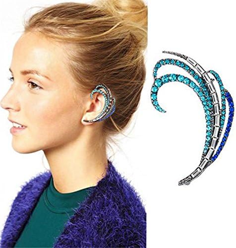CHUYUN Fashion Women Girls Personality Simple Feather Ear Hook Clip Earring Blue Rhinestone Jewelry