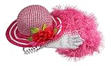 Girls Tea Party Hat Dress Up Play Set with Pink Sun Hat, Boa, Plastic Pearl Necklace, and White Gloves,