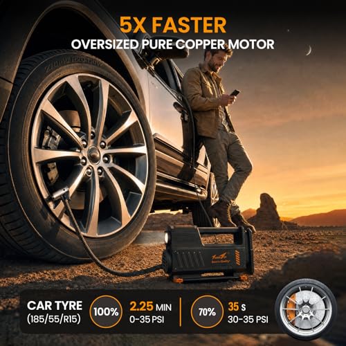 TowerTop Tyre Inflator Air Compressor: 5X Faster Heavy Duty 12V Car Tyre Pump, Auto-Stop & Memory, High Precision Gauge, 500lm LED Torch, 3.5M Cord, All-in-One Design 30S Fast Inflation with Handbag