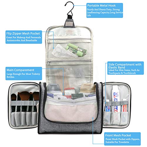 Extra Large Capacity Hanging Toiletry Bag for Men & Women, Portable Waterproof Bathroom Shower Bag, Lightweight Dopp kit Shaving Bag, Sturdy Metal Hook Organizer Makeup Bag (Denim Gray)
