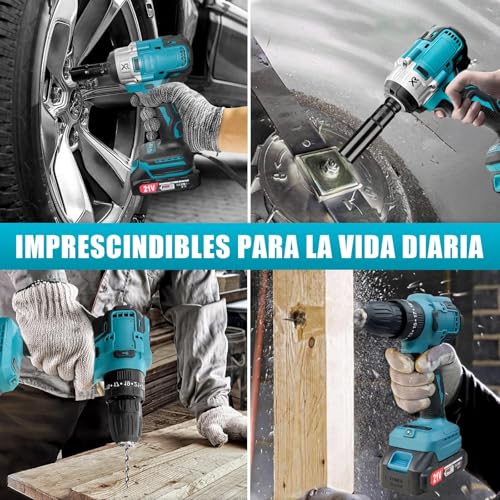 Taladro y Llave de Impacto Inalámbricos 2 en 1, Kit de Herramientas Eléctricas, Pistola de Impacto 21V 650NM, Motor Sin Escobillas, Taladro Atornillador 25+3, 2 velocidades, 29 piezas, Incluye Caja