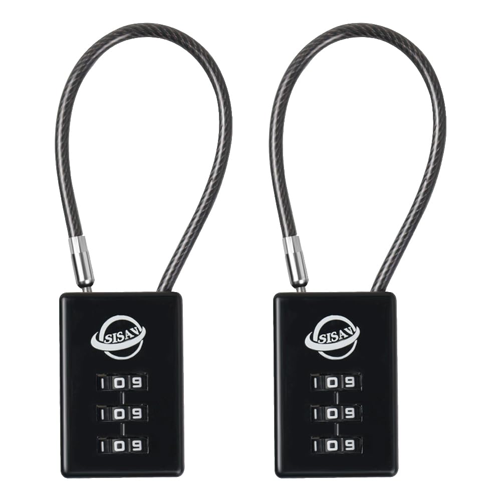 SISAV 3 Digit Cable Combination Lock 5 inches Cable for School Gym Locker,Filing Cabinets,Helmet,Toolbox,Luggage Suitcase,knapsack,Black 2Pack