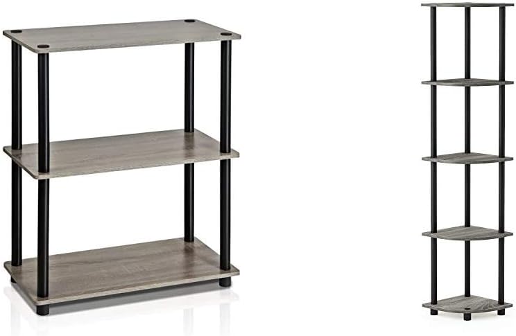 Furinno Turn-N-Tube Display Rack, 3-Tier Single, French Oak Grey/Black & Turn-N-Tube 5 Tier Corner Display Rack Multipurpose Shelving Unit, French Oak Grey/Black
