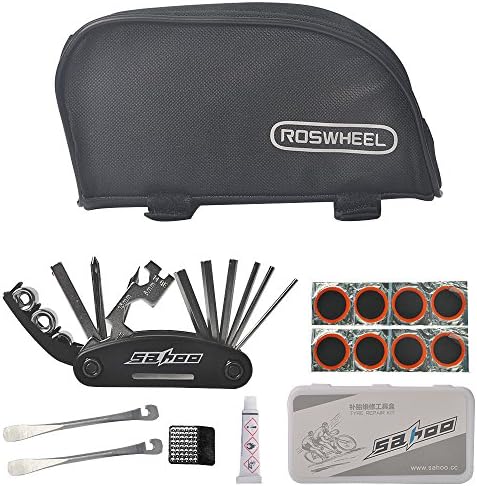 Bike Repair Tool Kit [16-IN-1] Including Roswheel Inner Tube Patch Kit, 2 pcs Tire Pry Bars Rods, Bicycle Cycling Mechanic Repair Tool Kit (Extra Tube Bag Bike Pouch Included)