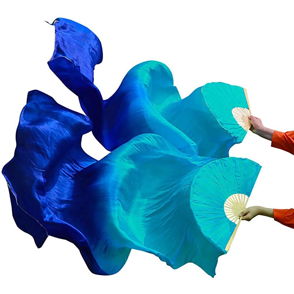 Photo 1 of Nimiman Women 1 Pair (Left+Right) Silk Belly Dance Fan Veil Belly Dancing Long Folding Fans Length 180 cm Width 90 cm (Turquoise Blue)