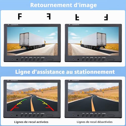 Vehicle Reversing Camera - Camecho 9"/9 Inch Monitor 4 Split Front View, Rear View Camera Truck 18 IR Waterproof Night Vision with 0.6 x 10.1 m and 0.6 x 19.8 m Cables for RV, Trailer, Bus