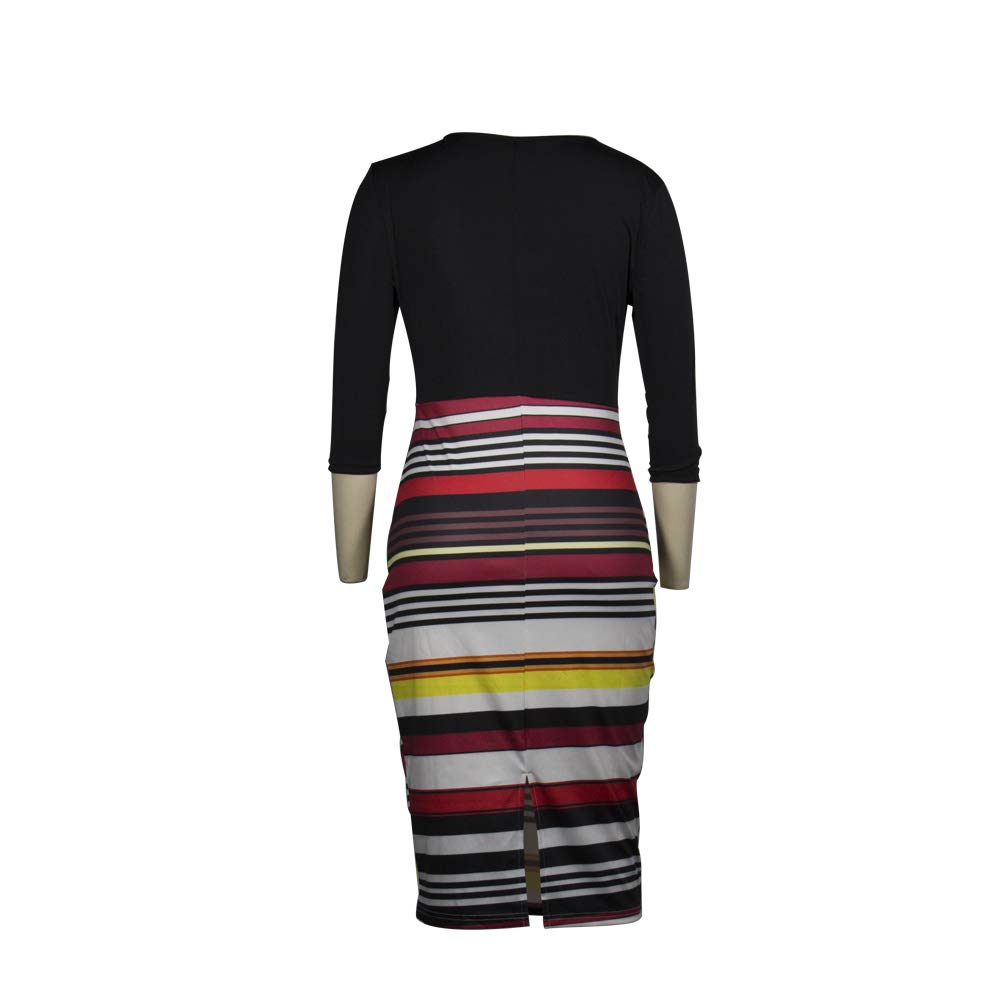 Pencil Dresses for Women - Cute Bowknot 3/4 Sleeve Floral Bodycon Dress Black Stripes Large