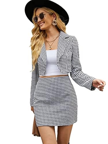 MakeMeChic Women's Piece Outfits Houndstooth Cropped Blazer