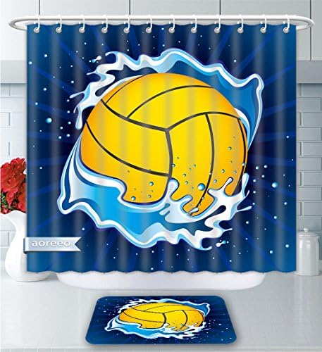 Aoreeo Bathroom Two-Piece Set Illustration Of Water Polo Ball Shower Curtain And Bath Rug Set, 60" Wx71 H &amp; 23" Wx16 H