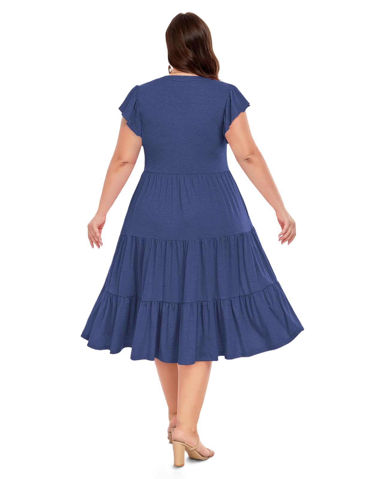 Moon Wood Womens Plus Size V Neck Ruffle Midi Dress
