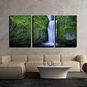 3 Piece Canvas Wall Art - Multnomah Falls and The Foot Bridge Across in The Columbia River Gorge - Modern Home Art Stretched and Framed Ready to Hang - 16"x24"x3 Panels
