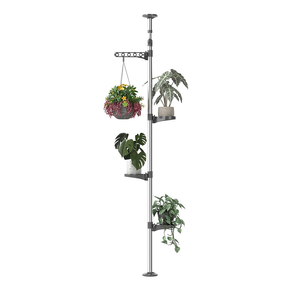 Hershii Indoor Plant Stand Pole Tension Rod Corner Standing Shelf Adjustable Flower Pots Holder Display Rack with 1 Hook & 3 Trays - Grey