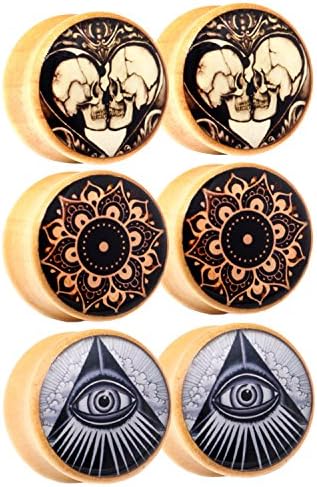 Awinrel Wood Saddle Ear Gauge Plugs Flesh Tunnel Stretcher Piercing Eyelet Mandala Skull Illuminati All Seeing Eye 3 Pairs